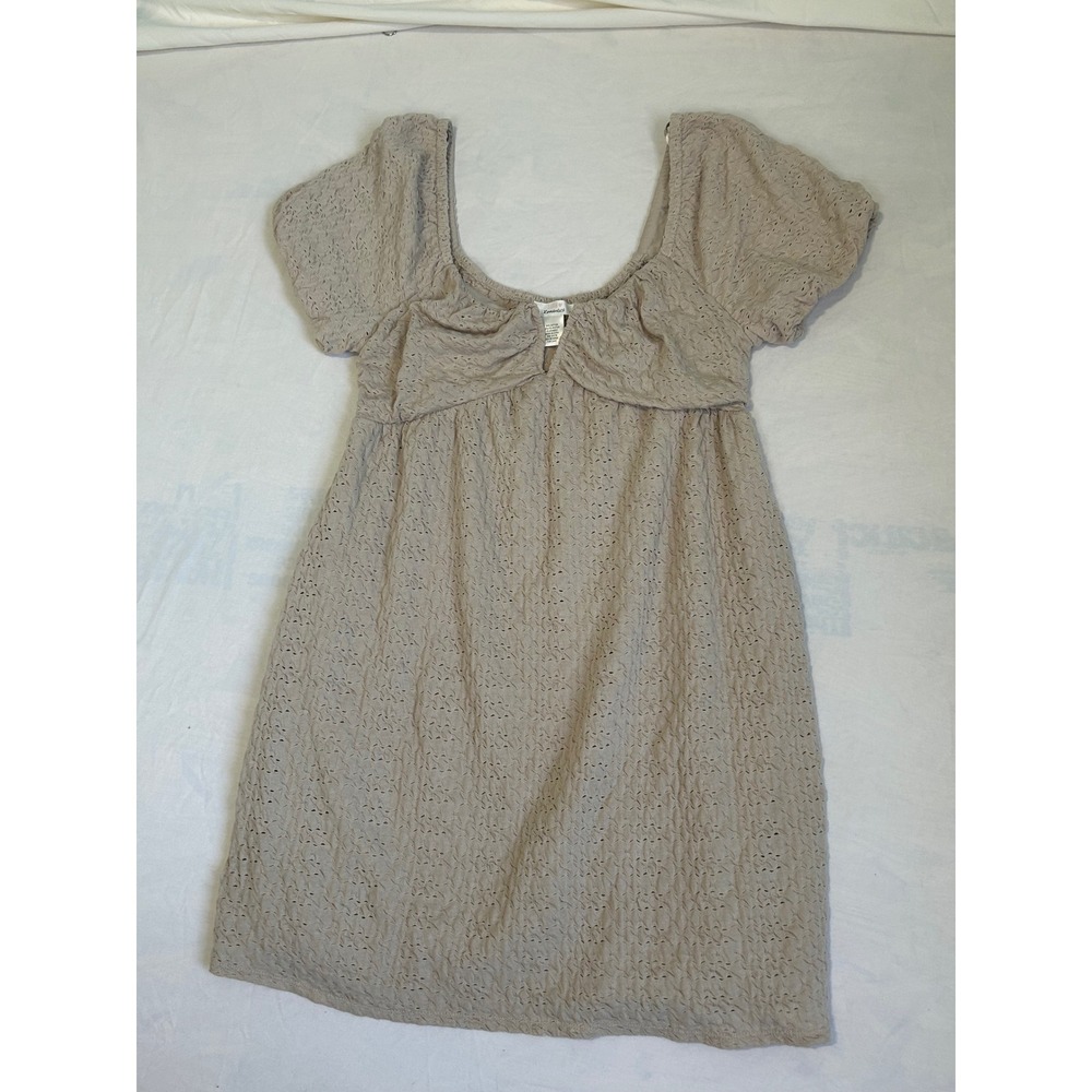 Urban Romantics Eyelet Mini Dress‎ Beige Puff Sleeve Cottagecore Babydoll Large